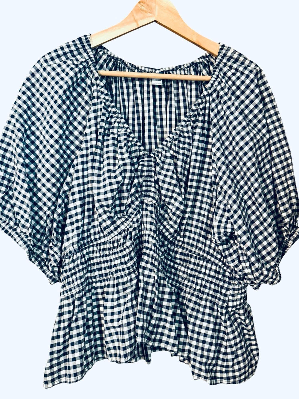 Old Navy Navy & White Gingham Smocked Peasant SS Top Cottagecore Patriotic